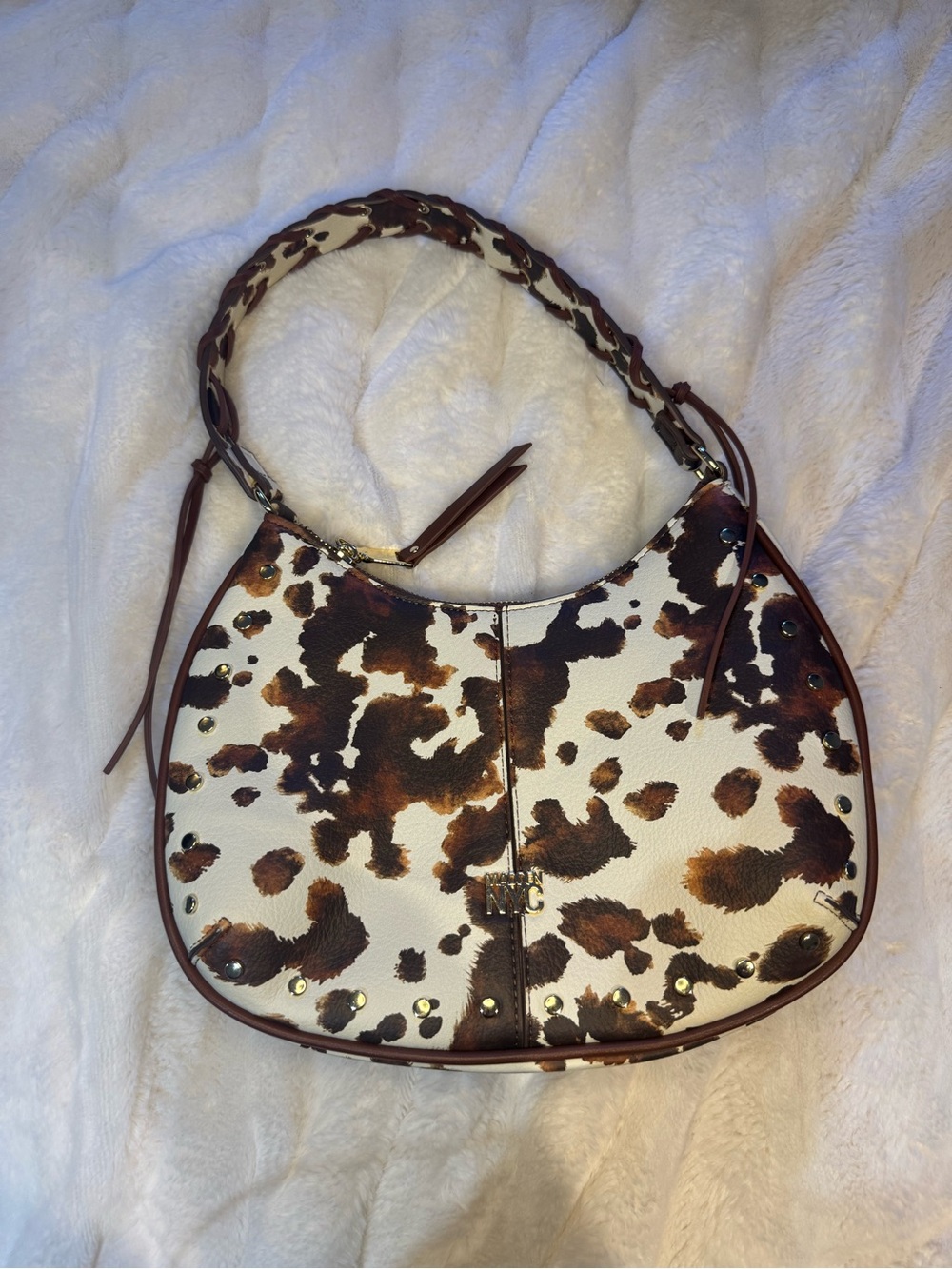 Cow-Print Mini Hobo Bag in Brown and White